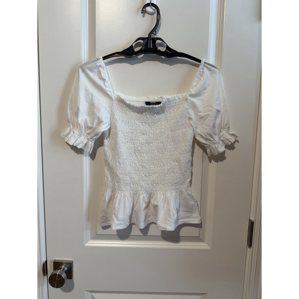 Polo Ralph Lauren Girls XL 16 White Smocked Peplum Top Puff Sleeve Cotton